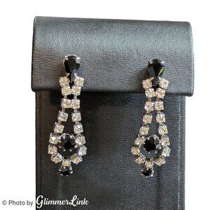 Vintage Silver Tone Black and Clear Rhinestone Drop Earrings Art Deco Style